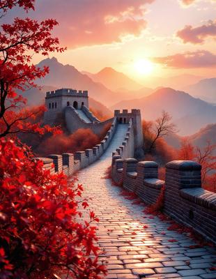 The primary subject of the image is a brick wall with a pathway leading up to a castle. The setting is a mountainous area with a beautiful sunset in the background. The visual style is a photo, capturing the natural beauty of the scene. The dominant colors are red and orange, creating a warm and inviting atmosphere.